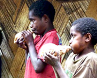 Boys blowing shells in one of the local Tanna villages