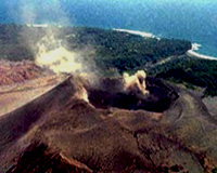 Aerial photo of Mt Yasur Volcano during the day, showing it in relation to its surroundings