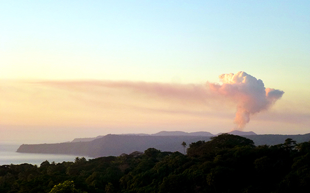 A fanatastic photo of Mt Yasur Volcano from the Tanna Adventures property, early morning on a perfect day, showing the amazing smoke plume that helps make it so spectacular